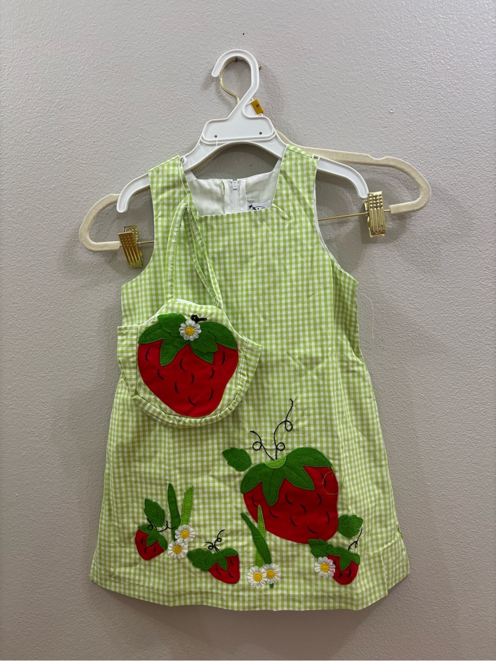 Good Lad Green Gingham Strawberry Pinafore with Matching Strawberry Purse
